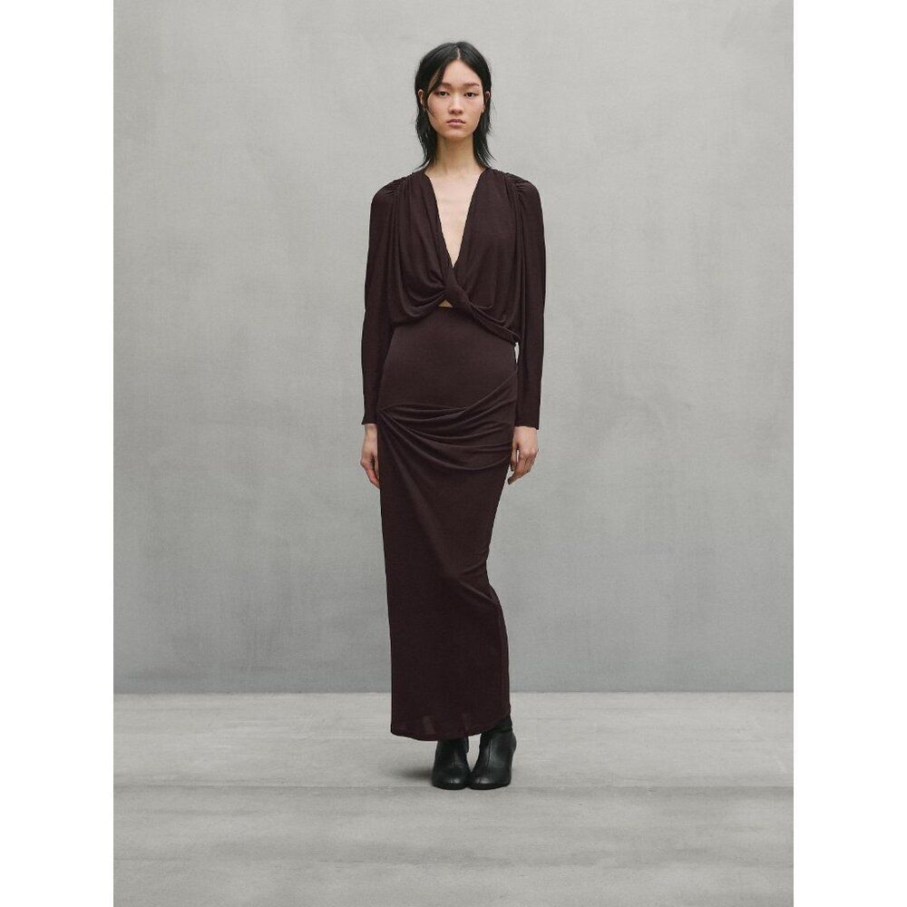 Massimo Dutti Womens Midi Skirt Small S brown Draped Zip Slit Back 9300/953 NWT